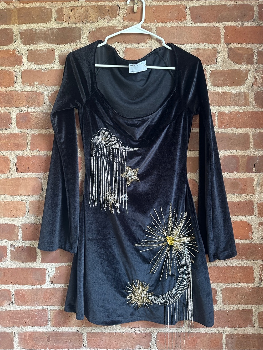 ASOS Black Embellished Velvet Dress with Star & Sun Motif